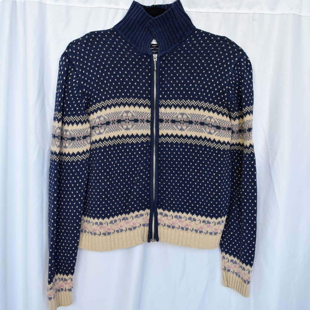 Vintage Navy and Cream Patterned Winter Après Ski Zip-Up Sweater